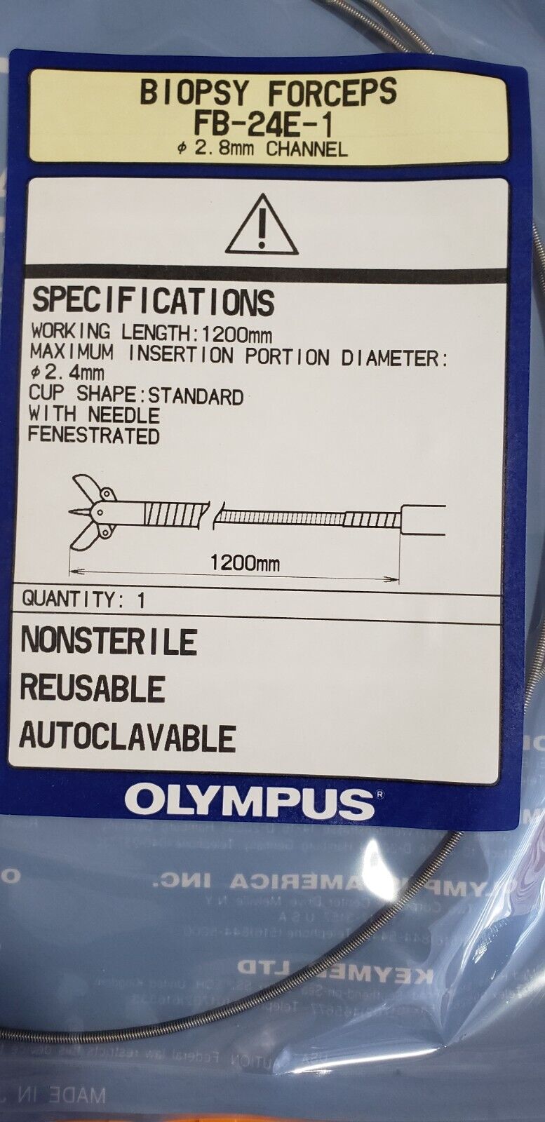 Olympus FB-24E-1 Biopsy Forceps 2.8mm x1200mm Cup Shape Fenestrated Autoclavable